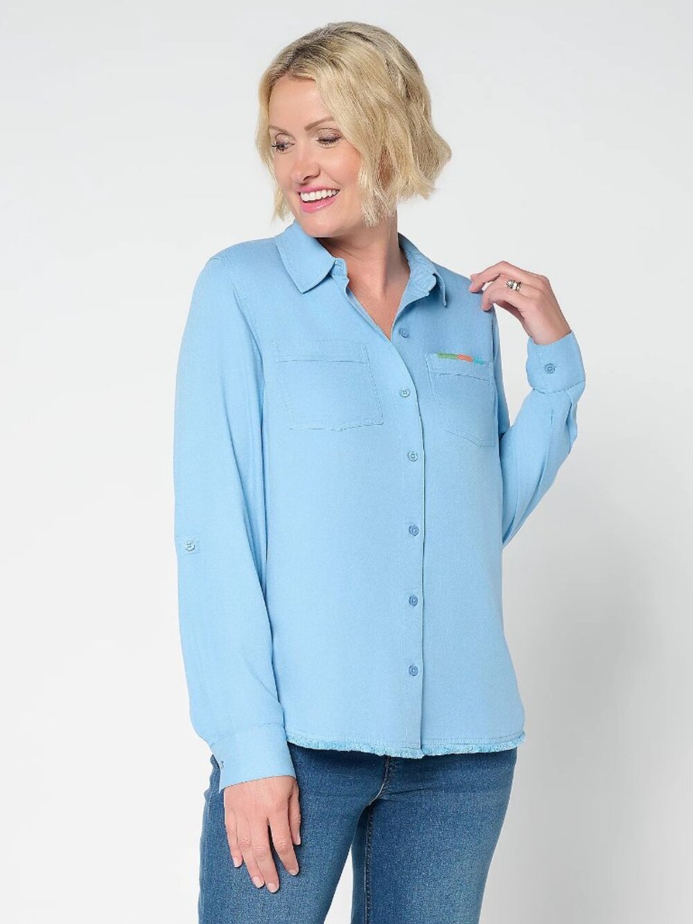 Denim & Co. Canyon Retreat Twill Button Front Shirt, Blue Sz M a6988550